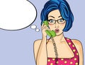 Surprised pop art woman chatting on retro phone . Comic woman w Royalty Free Stock Photo