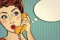 Surprised pop art woman chatting on retro phone . Comic woman wi Royalty Free Stock Photo