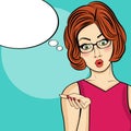 Surprised pop art woman . Comic woman with speech bubble. Pin Royalty Free Stock Photo