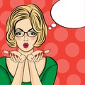 Surprised pop art woman . Comic woman with speech bubble. Pin Royalty Free Stock Photo