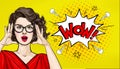 Surprised Pop Art woman in hipster glasses. Advertising poster or party invitation with sexy club girl with open mouth in comic st Royalty Free Stock Photo