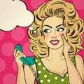 Surprised pop art woman with retro phone, who tells her secrets. Royalty Free Stock Photo