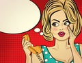 Surprised pop art woman with retro phone, who tells her secrets. Royalty Free Stock Photo