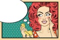 Surprised pop art woman with retro phone, who tells her secrets. Royalty Free Stock Photo