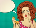 Surprised pop art woman with retro phone, who tells her secrets. Royalty Free Stock Photo