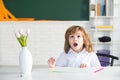 Surprised pupil. Elementary schoolboy education. Portrait of Pupil of primary school study indoors. After school