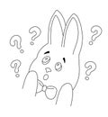 Outline of surprised rabbit with bow surrounded by question marks