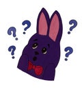 Surprised purple rabbit with a crimson bow surrounded by question marks