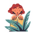 Surprised Redhead Woman Character Studying Nature Exploring Crawling on Grass Ladybug Vector Illustration