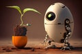 Surprised robot looks at a small sprout in an egg. concept of opposition between living and artificially created