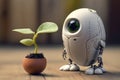 Surprised robot looks at a small sprout in an egg. concept of opposition between living and artificially created