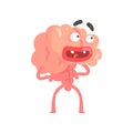 Surprised scared humanized cartoon brain character, intellect human organ vector Illustration