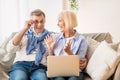 Surprised senior couple winning online auction bid on laptop Royalty Free Stock Photo