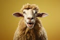 Surprised sheep with expressive eyes looking at the camera standing on a bright yellow background