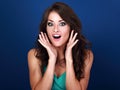 Surprised shock makeup woman with opened mouth and big eyes with Royalty Free Stock Photo