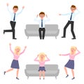 Surprised, shocked, amazed man and woman vector. Sitting on sofa, running in panic, nervous, scared boy and girl cartoon character Royalty Free Stock Photo