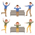 Surprised, amazed, young man and woman vector illustration. Sitting on sofa, panic, stressed, scared boy and girl character Royalty Free Stock Photo