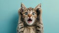 Surprised shocked cat face with paws on head on blue background with copy space. AI Generative Royalty Free Stock Photo