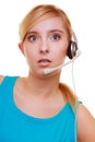 Surprised shocked girl with headphones microphone isolated Royalty Free Stock Photo