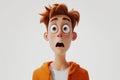 Surprised shocked scared cartoon character young adult man person with ginger hair portrait in 3d style design on light background