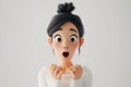 Surprised shocked scared cartoon character young adult woman female person with black hair portrait in 3d style design on light