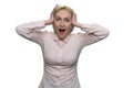 Surprised stunned emotional woman with hands on her head. Royalty Free Stock Photo