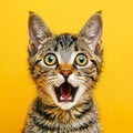 Surprised tabby kitten is meowing on a yellow background.