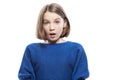 Surprised teen girl, close-up. Isolated on a white background