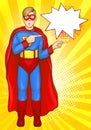 Teenager in superman suit pointing fingers vector