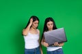 Surprised twin women in casual clothes look at laptop. Photo on green background with side space Royalty Free Stock Photo