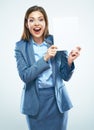 Surprised woman blank board show. Royalty Free Stock Photo
