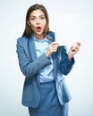 Surprised woman blank board show Royalty Free Stock Photo