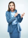 Surprised woman blank board show. Royalty Free Stock Photo