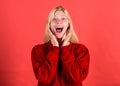 Surprised woman cant believe her eyes. Christmas is coming soon. Lack of time. Surprised face blonde girl. Lady Royalty Free Stock Photo