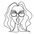 Surprised Woman in Eyeglasses One Line Art Portrait. Shocked Female Facial Expression Hand Drawn Linear Woman Silhouette