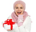 Surprised woman holding Christmas present Royalty Free Stock Photo