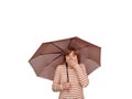 Surprised woman holding an umbrella covering her mouth with a hand and looking at the camera