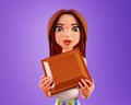 Surprised woman holds a big piece of chocolate, 3d render. 3d cartoon character with a huge chocolate bar