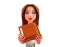 Surprised woman holds a big piece of chocolate, 3d render. 3d cartoon character with a huge chocolate bar