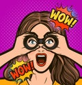 Surprised woman looking through binoculars. Vector illustration in pop art retro comic style Royalty Free Stock Photo