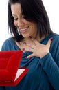 Surprised woman looking in jewellery box Royalty Free Stock Photo