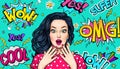 Surprised woman on Pop art background . Advertising poster or party invitation with sexy club girl with open mouth in comic styl