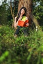 Surprised woman reading a book in garden Royalty Free Stock Photo