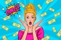 Surprised woman shocking with hand near mouth and Falling Down Money