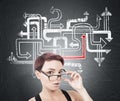 Surprised woman taking off glasses, arrow maze Royalty Free Stock Photo