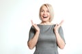 Surprised woman on white. Face expression, emotions, feeling attitude reaction Royalty Free Stock Photo