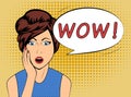 Surprised woman with WOW speech bubble in old comics style