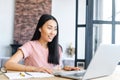 Surprised young Asian woman looking at the laptop Royalty Free Stock Photo