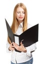 Surprised young business woman with black folder on white background Royalty Free Stock Photo