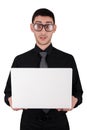 Surprised Young Man with Glasses Holding Laptop Royalty Free Stock Photo